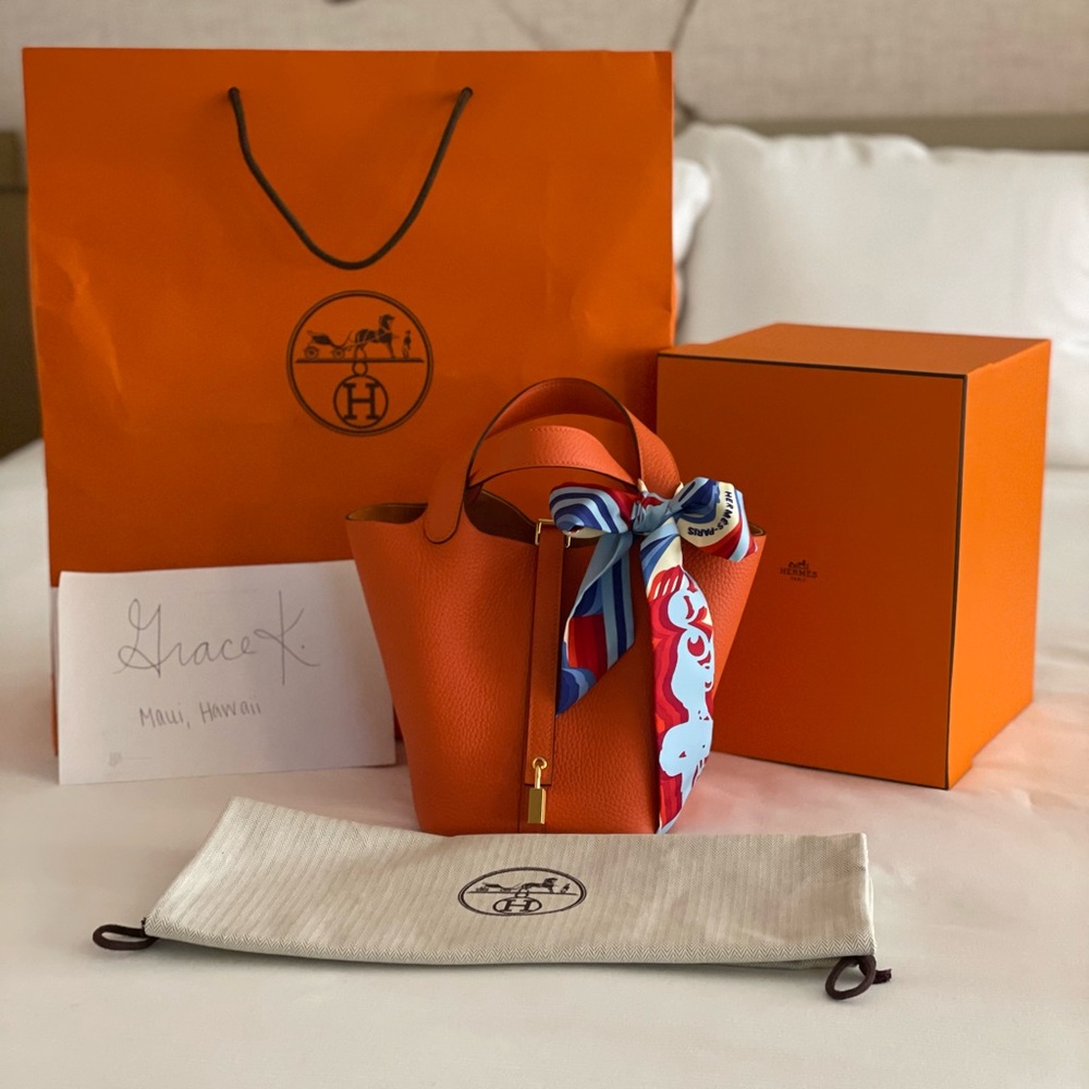 Hermes Picotin 22 pristine Hermes Orange Bag with Multicolor Scarf